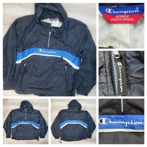 Vintage 90s CHAMPION Windbreaker Jacket XL Pullover 1/4 Zip Black / Royal Hooded
